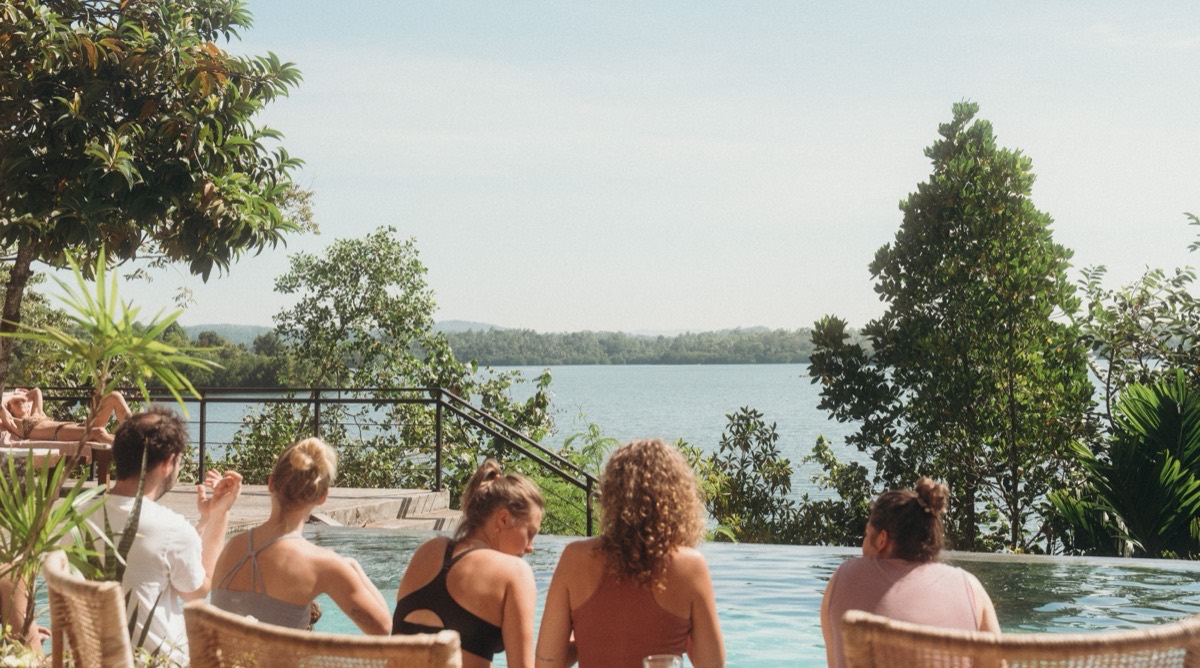 A yoga and wellness retreat setting on the shores of Koggala Lake at Lanka Yoga, Sri Lanka
